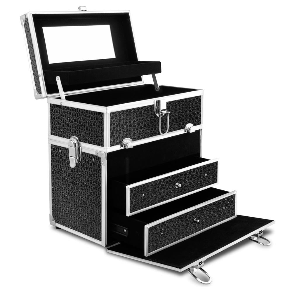 Portable Cosmetic Beauty Makeup Carry Case With Mirror - Crocodile Black