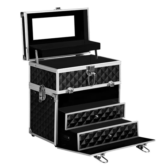 Black colour - Portable Cosmetic Beauty Makeup Carry Case With Mirror - Diamond Black