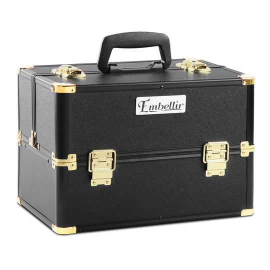 Black colour - Portable Cosmetic Beauty Makeup Case - Black & Gold