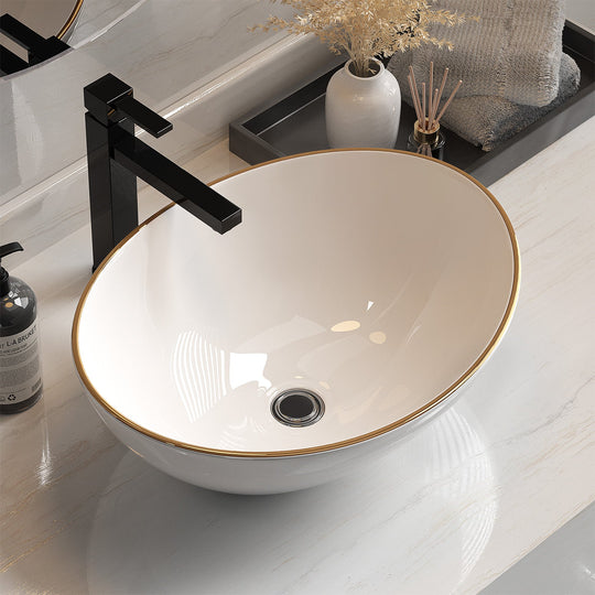 Bathroom Basin Ceramic Vanity Sink Hand Wash Bowl Gold Line, Gold colour