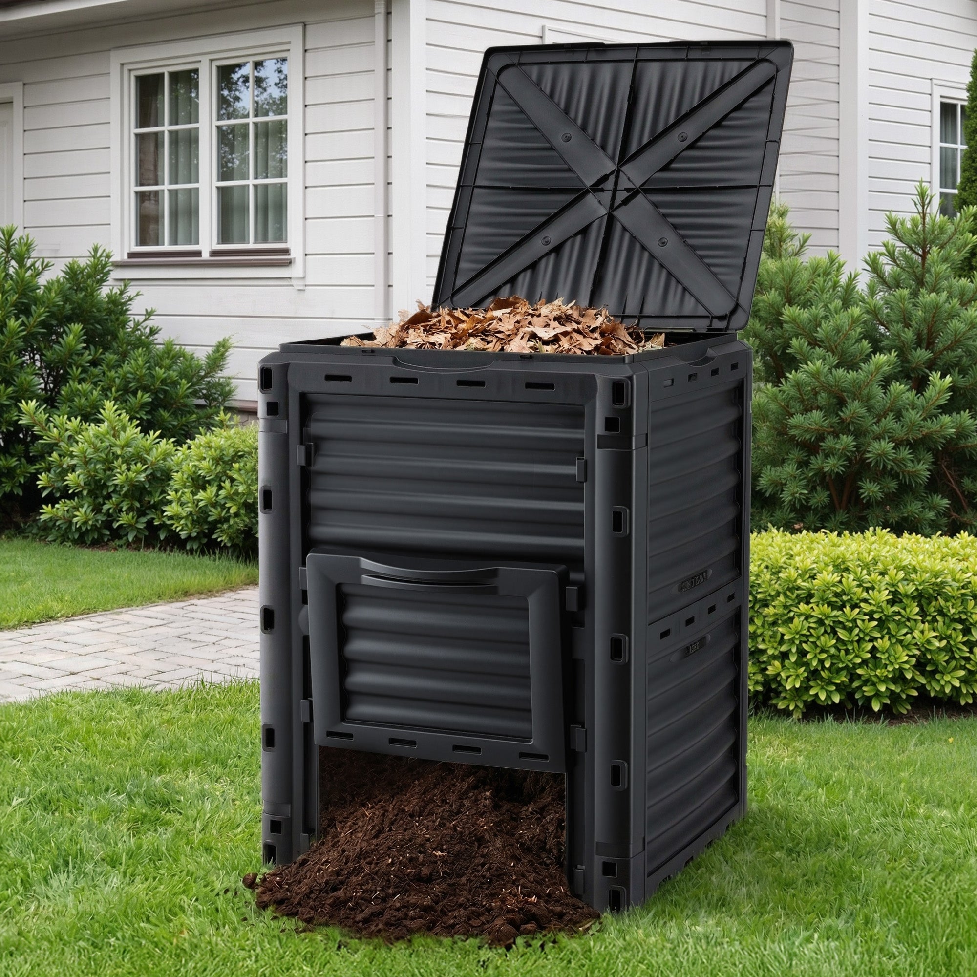 300L Heavy-Duty Outdoor Compost Bin with Lid Dual-Chamber Aeration