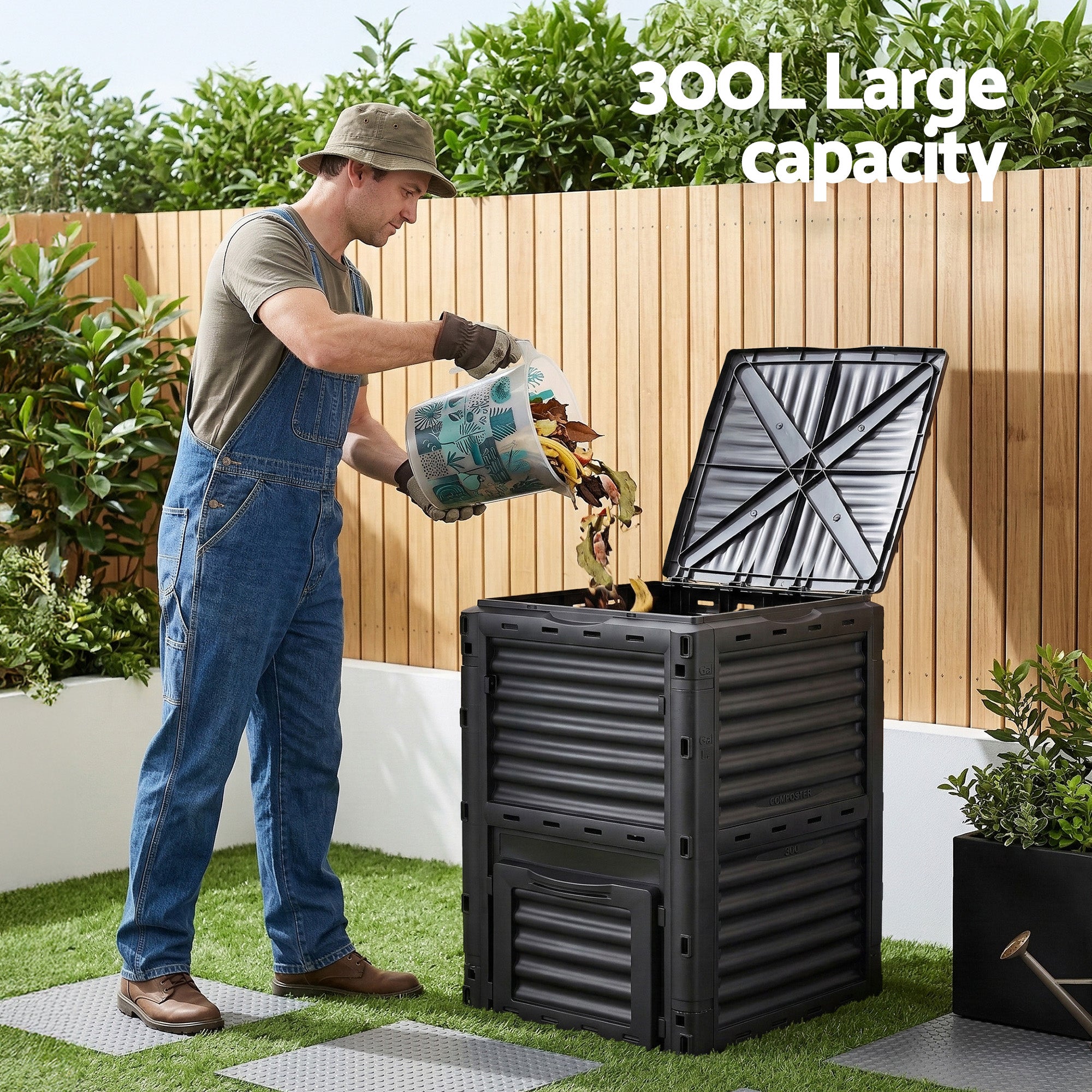300L Heavy-Duty Outdoor Compost Bin with Lid Dual-Chamber Aeration
