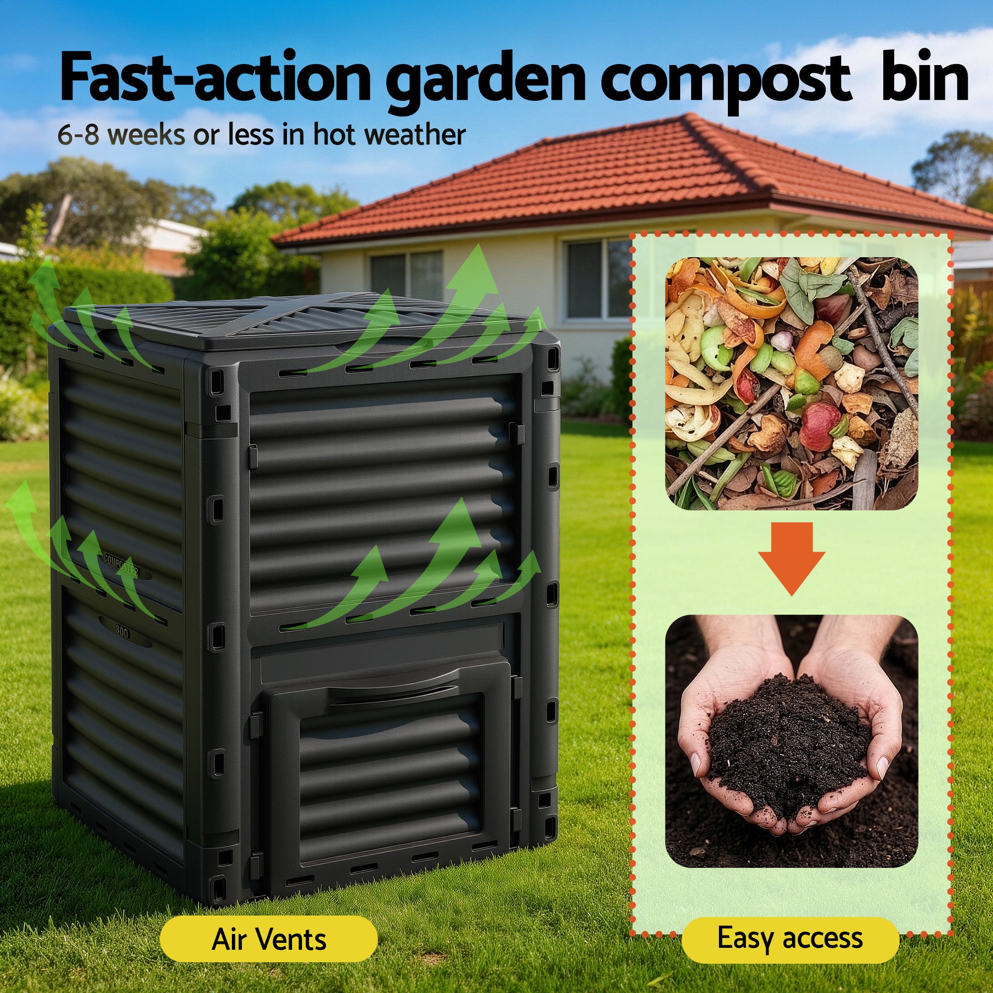 300L Heavy-Duty Outdoor Compost Bin with Lid Dual-Chamber Aeration