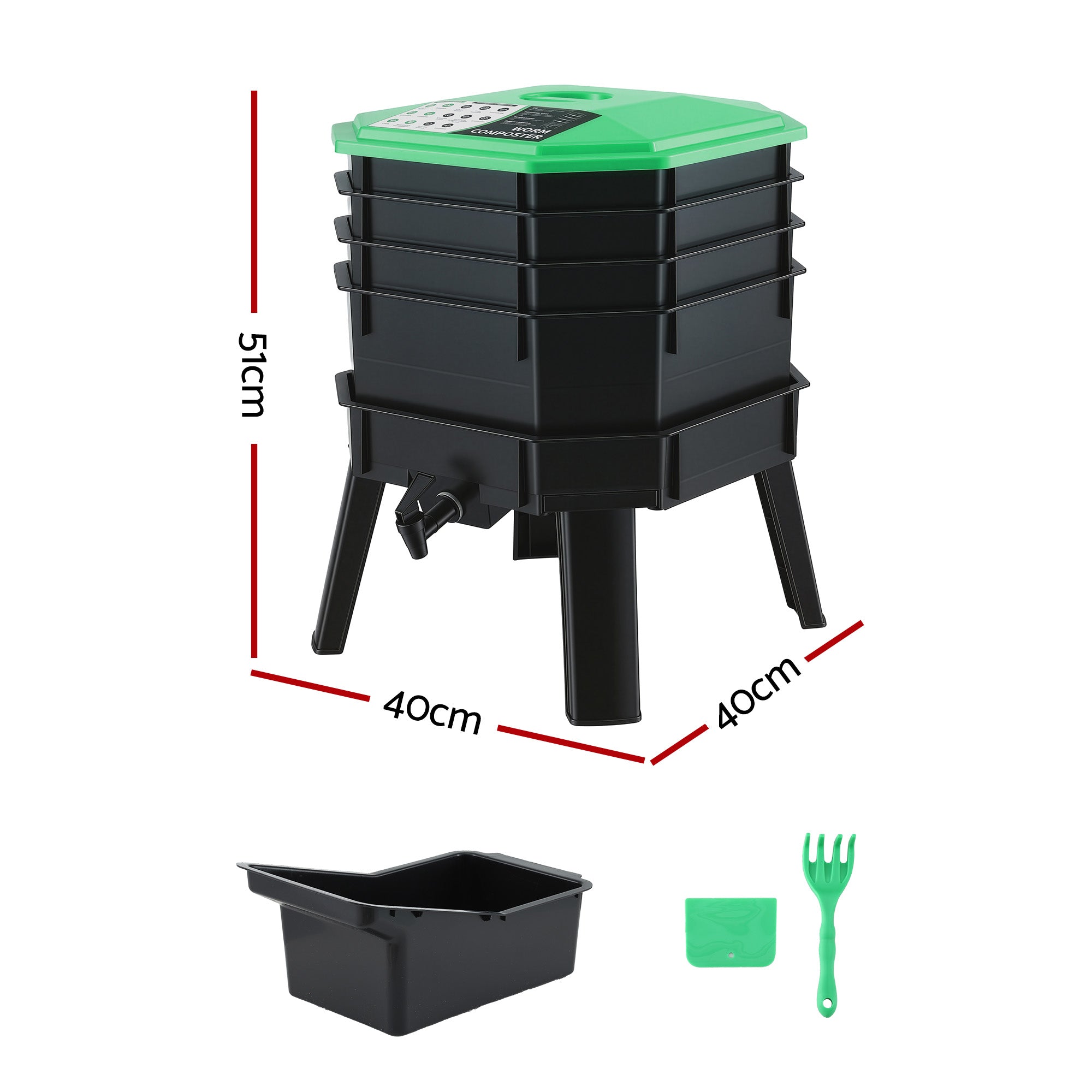 4-Tray Stackable Worm Compost Bin with Liquid Fertiliser Tap for Garden