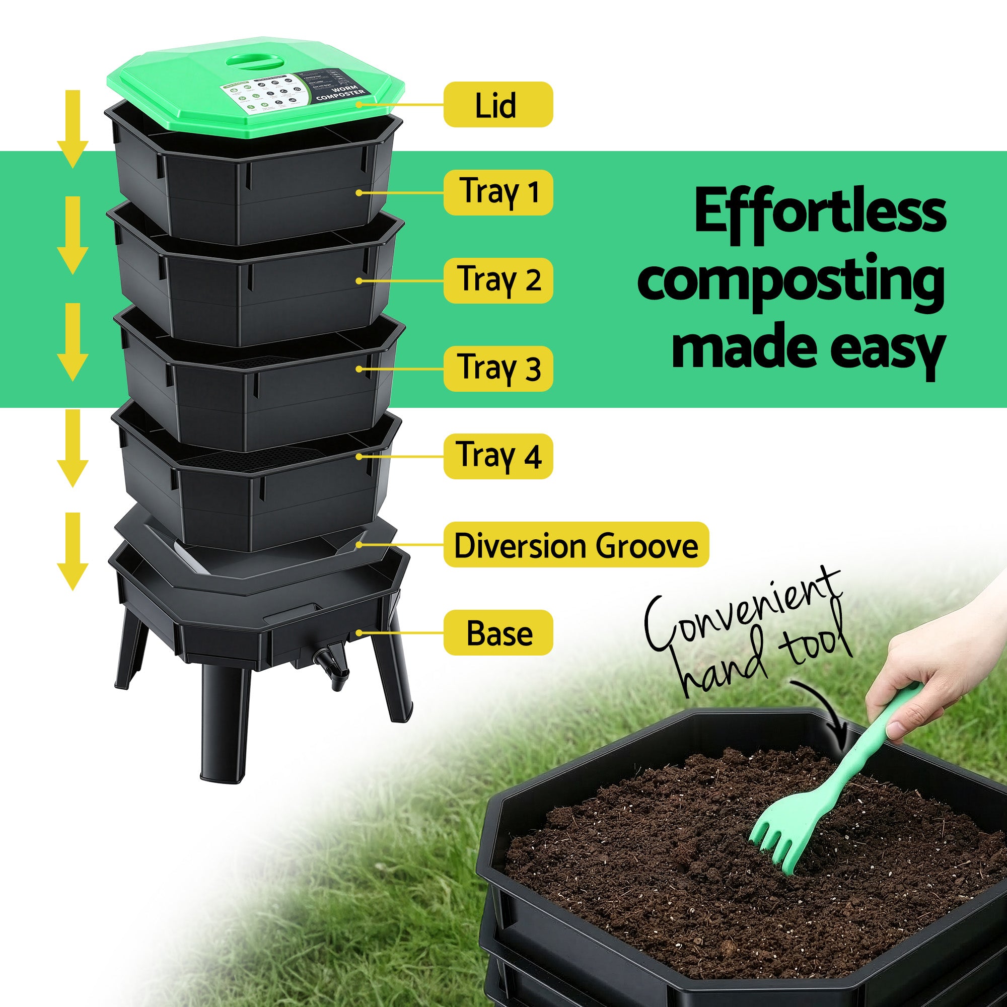 4-Tray Stackable Worm Compost Bin with Liquid Fertiliser Tap for Garden