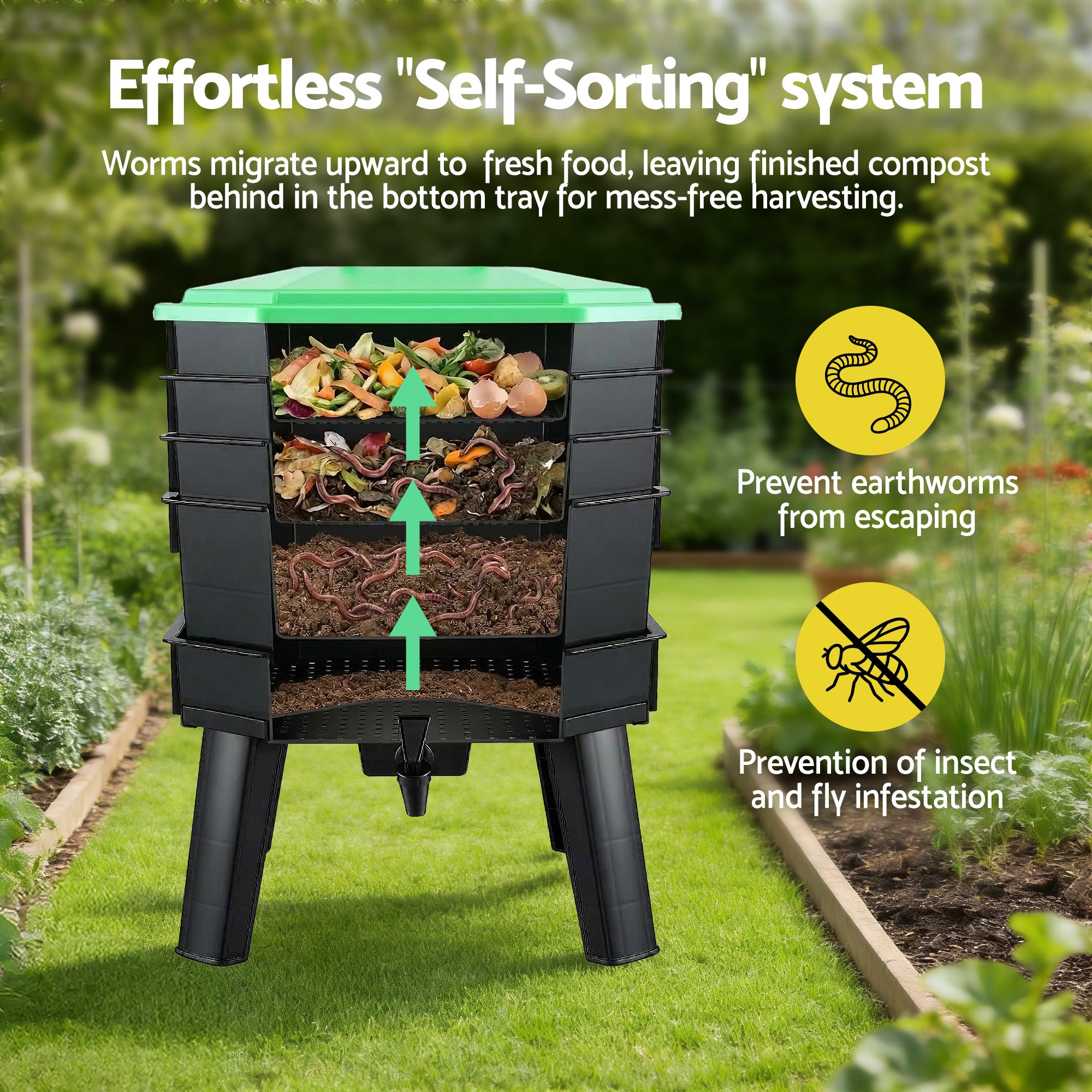 4-Tray Stackable Worm Compost Bin with Liquid Fertiliser Tap for Garden