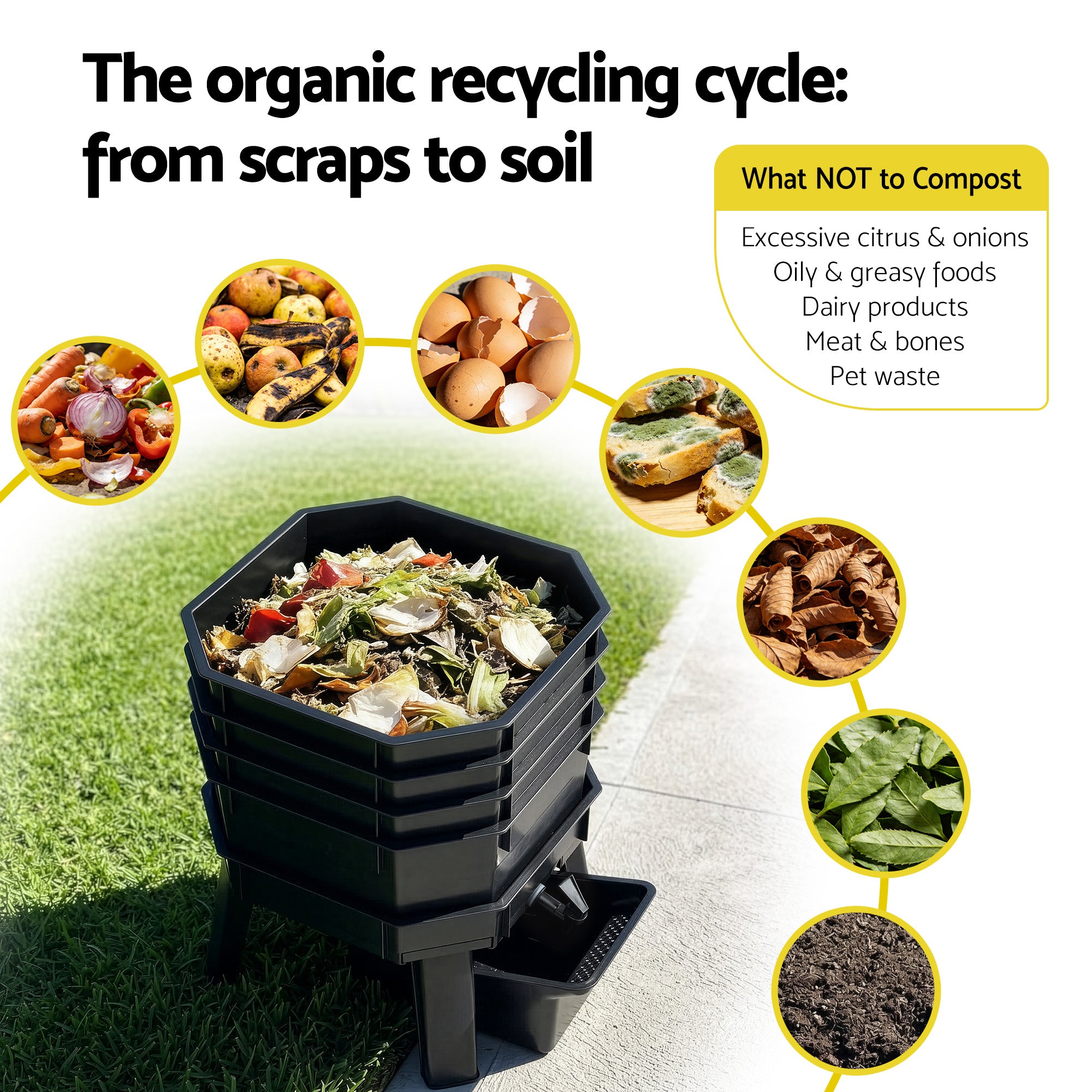 4-Tray Stackable Worm Compost Bin with Liquid Fertiliser Tap for Garden