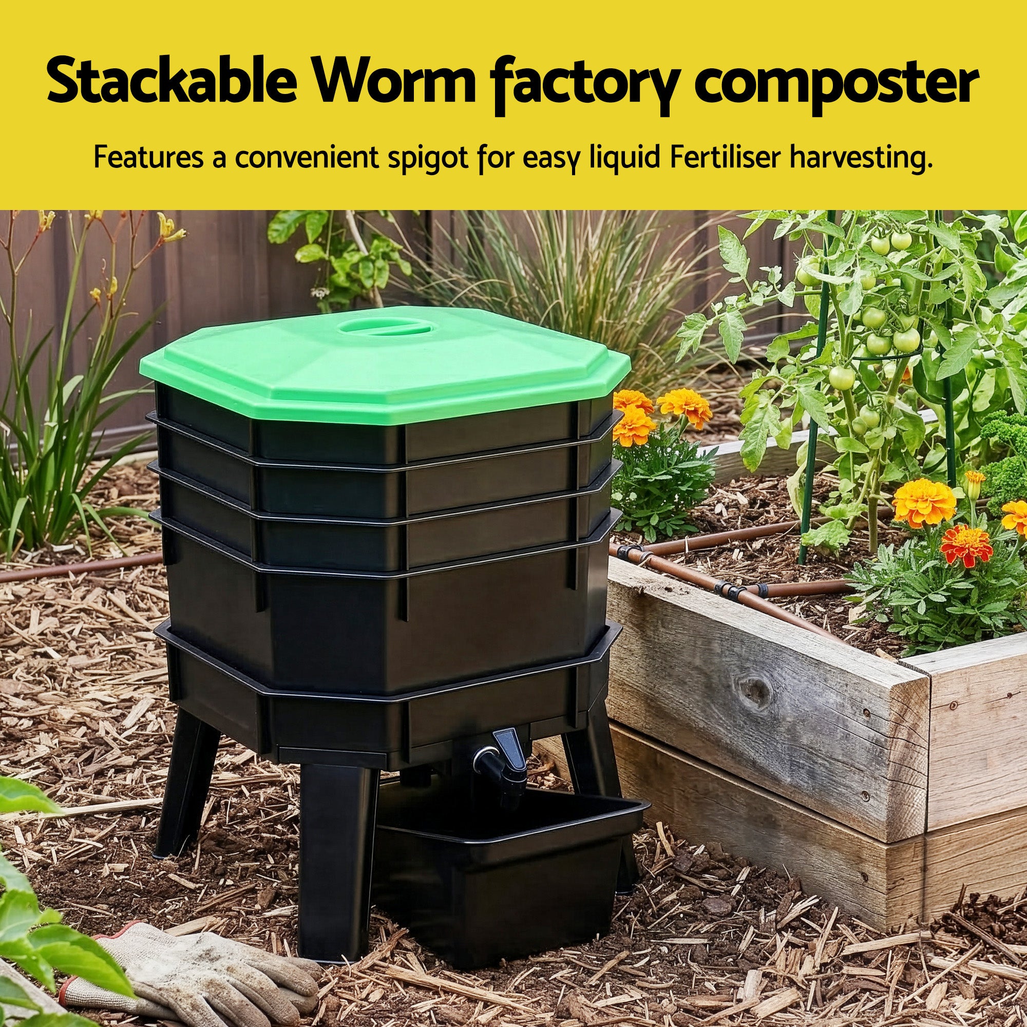 4-Tray Stackable Worm Compost Bin with Liquid Fertiliser Tap for Garden