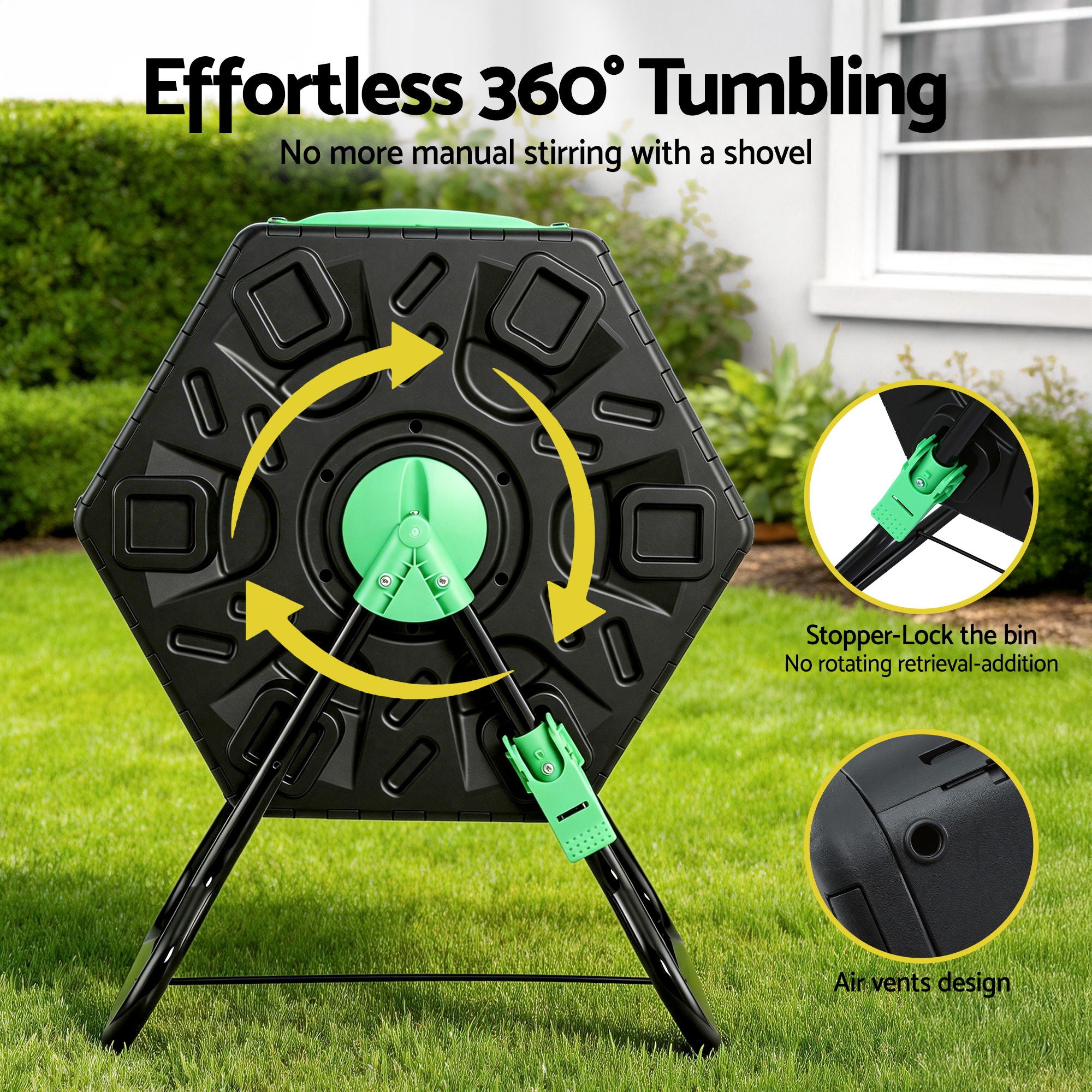 65L Compost Bin Outdoor Tumbler Rotating with Aeration Fast Cycle