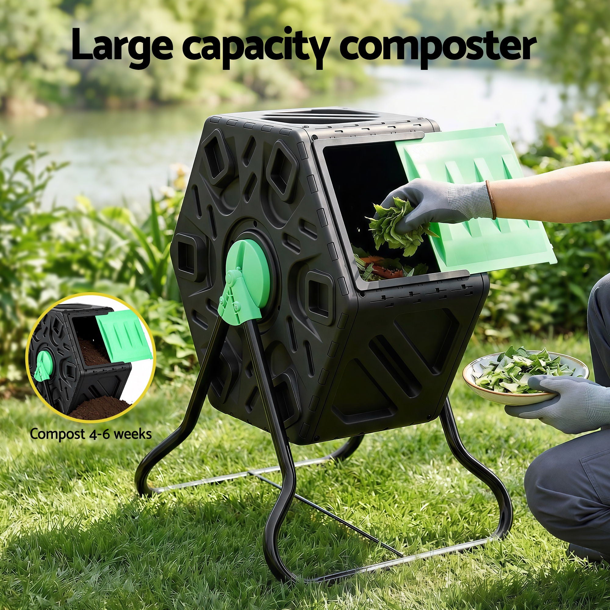65L Compost Bin Outdoor Tumbler Rotating with Aeration Fast Cycle