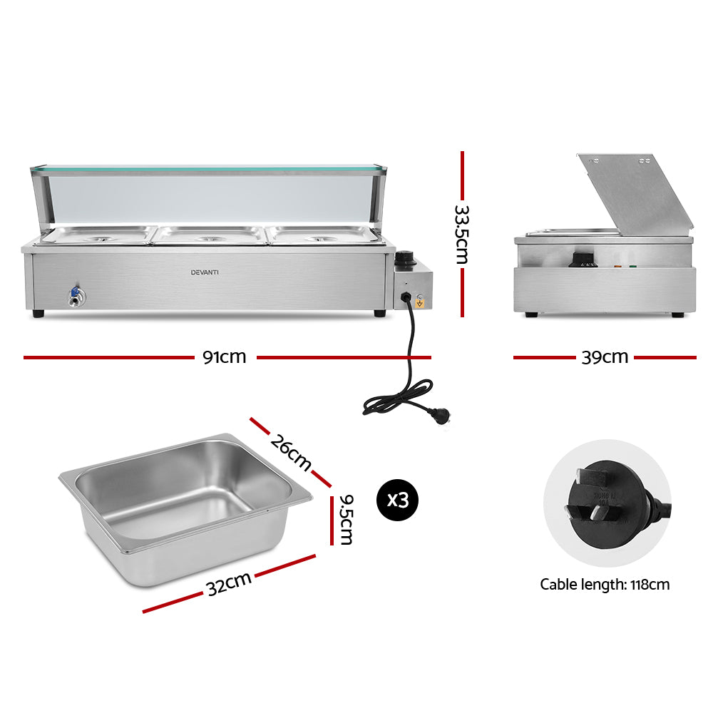 Commercial Food Warmer Bain Marie 3 Electric Buffet Pans, Devanti Pan Stainless Steel