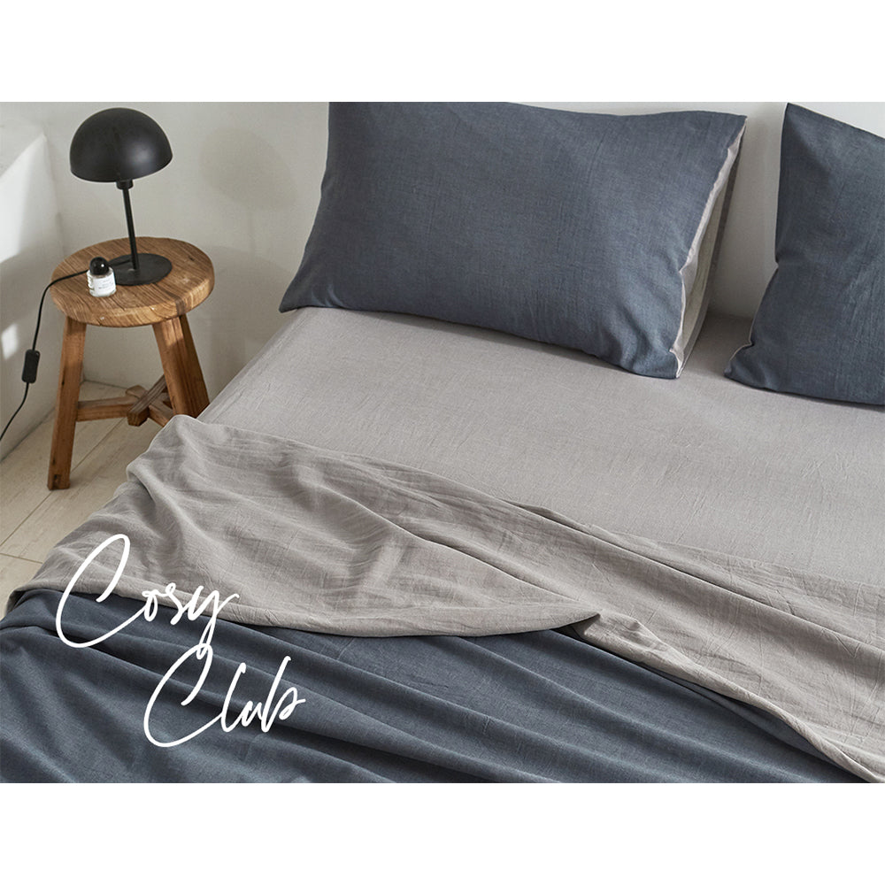 Cotton Bed Sheets Set Navy Grey Cover Double