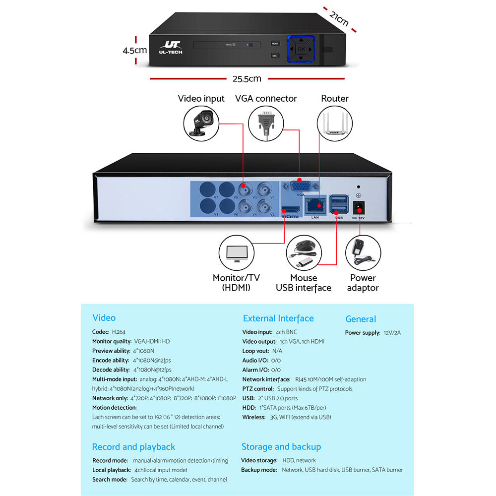 4CH DVR CCTV System Full HD 4 Cameras Home Security Surveillance Kit
