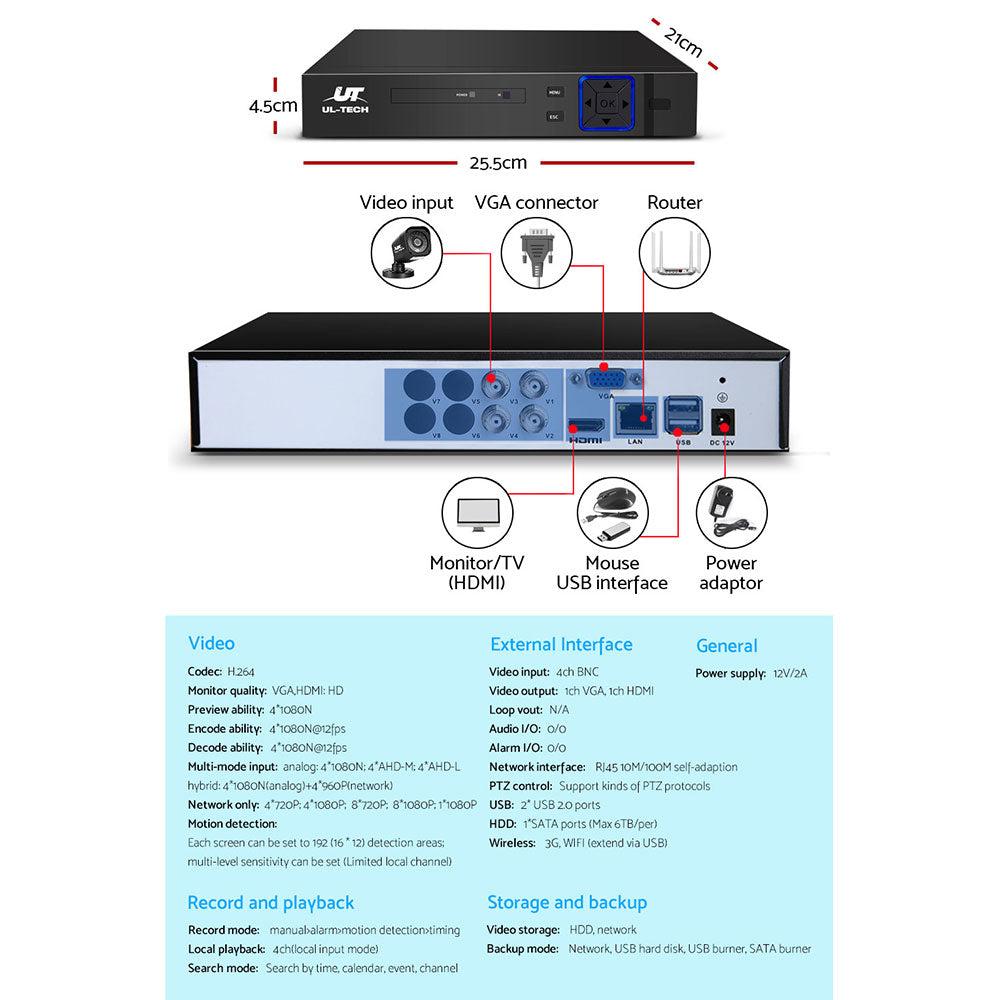 4CH DVR Security System with 4 Cameras Complete Home Surveillance Kit, Tech Cctv