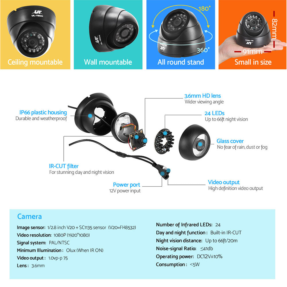 1080P CCTV Security System 8CH DVR 4 Cameras Night Vision Remote