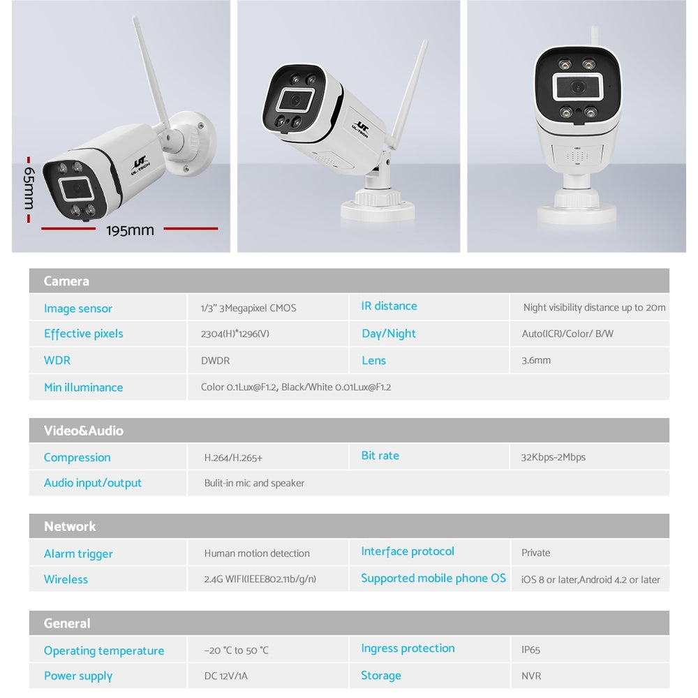 Wireless Cctv Security System 8Ch 3Mp 4 Square Camera