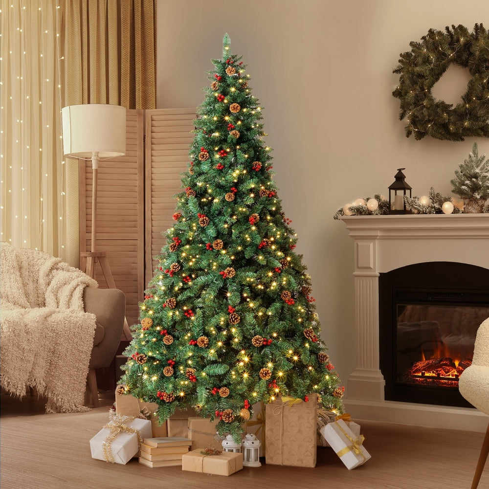 Christmas Tree 1.8M Xmas Decorations Green w/ LED Light and Pine Cones