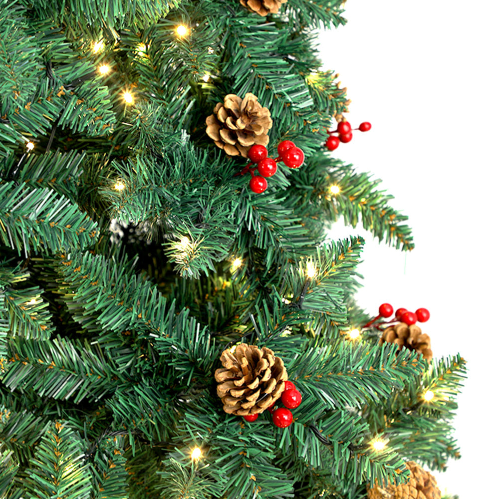 Christmas Tree 1.8M Xmas Decorations Green w/ LED Light and Pine Cones