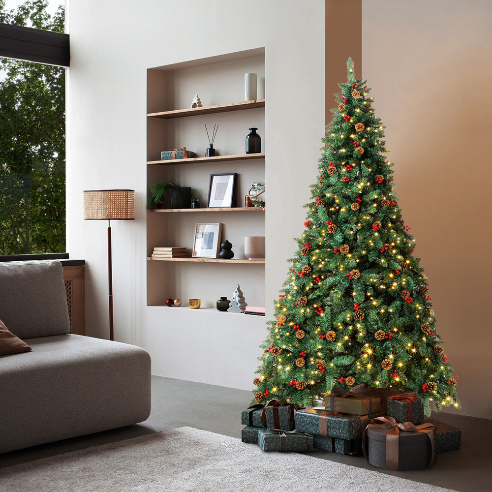Christmas Tree 1.8M Xmas Decorations Green w/ LED Light and Pine Cones