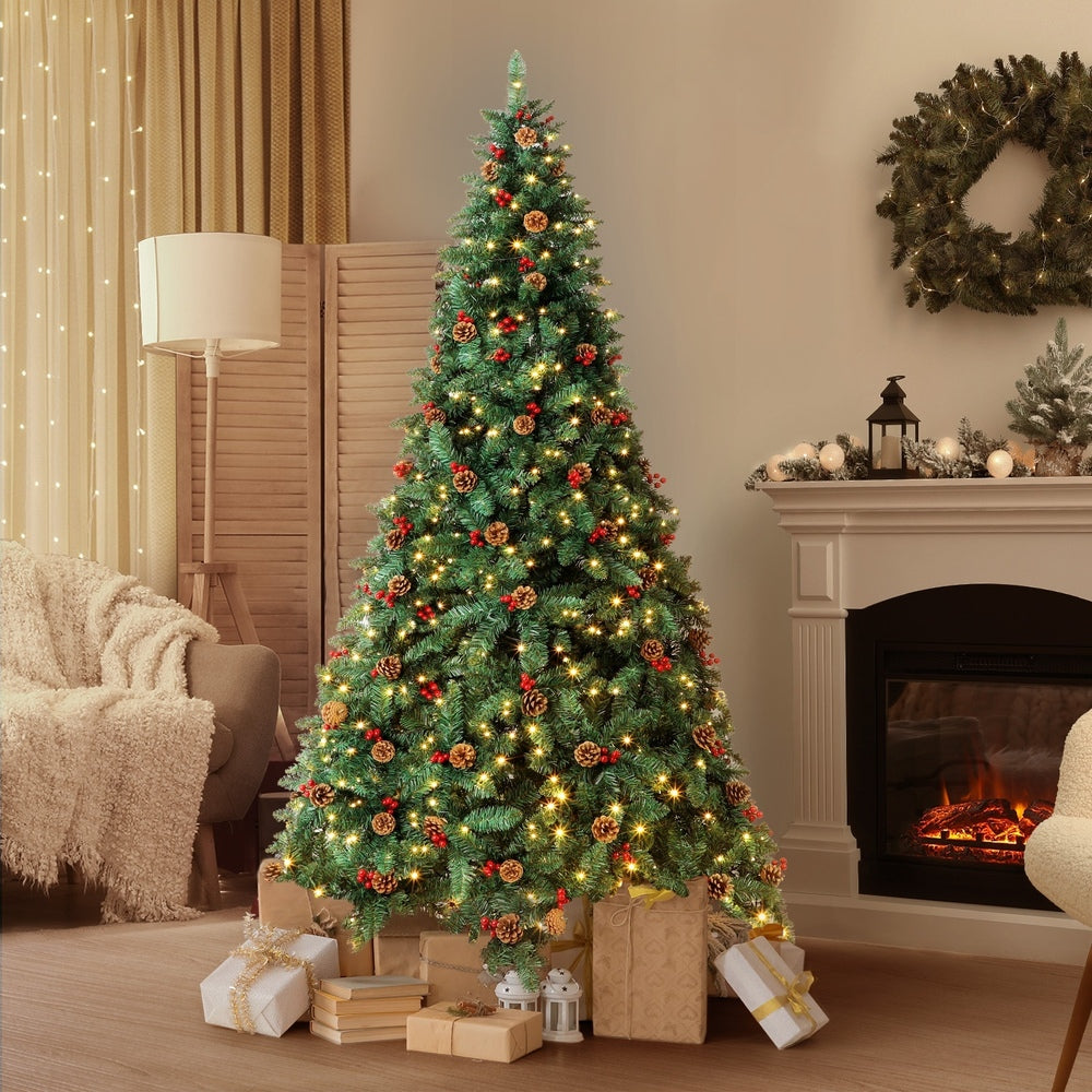 Christmas Tree 1.8M Xmas Decorations Green w/ LED Light and Pine Cones