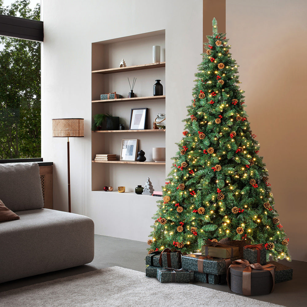Christmas Tree 1.8M Xmas Decorations Green w/ LED Light and Pine Cones
