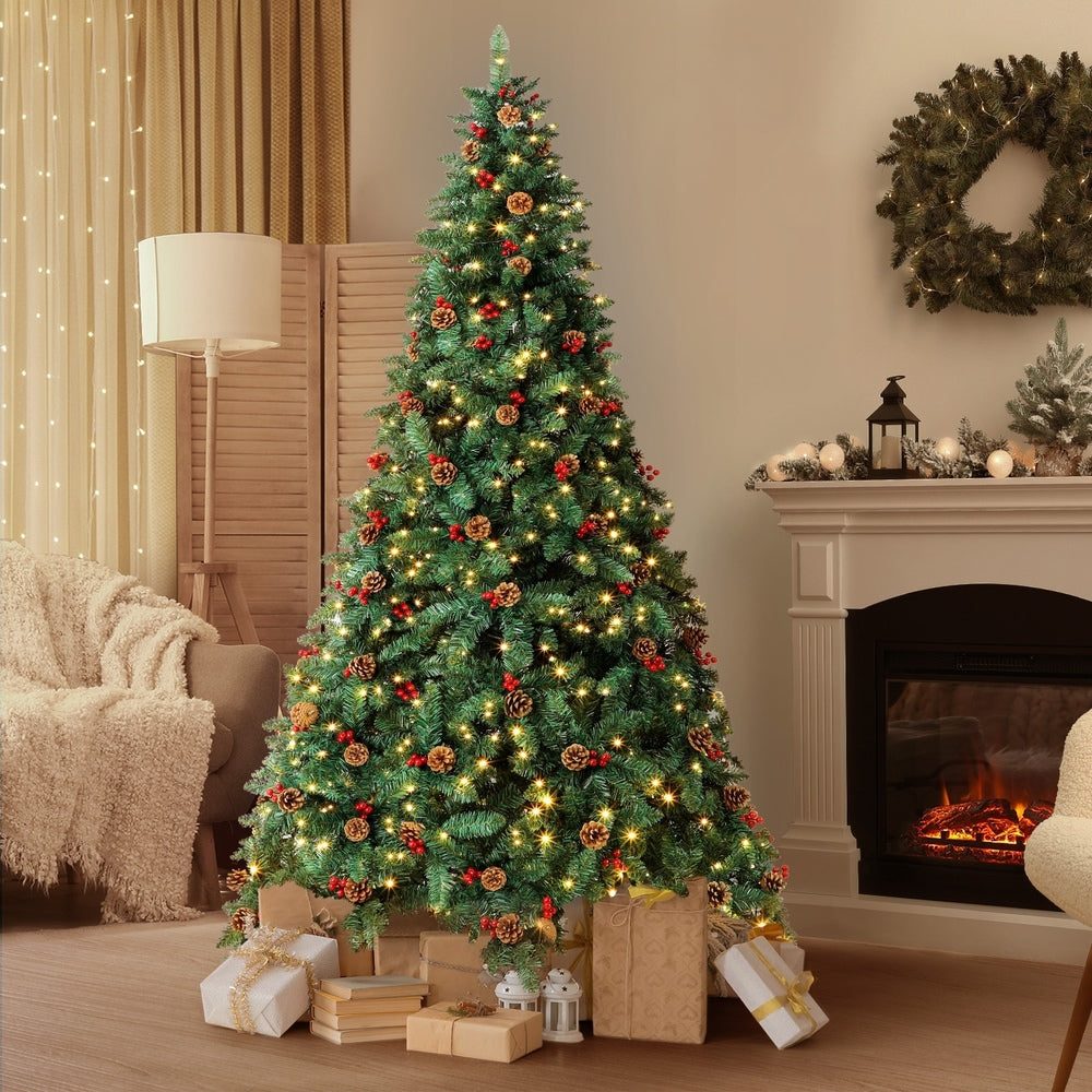 Christmas Tree 1.8M Xmas Decorations Green w/ LED Light and Pine Cones