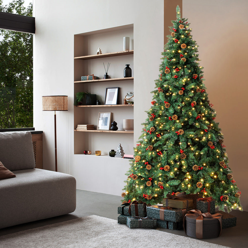 Christmas Tree 1.8M Xmas Decorations Green w/ LED Light and Pine Cones