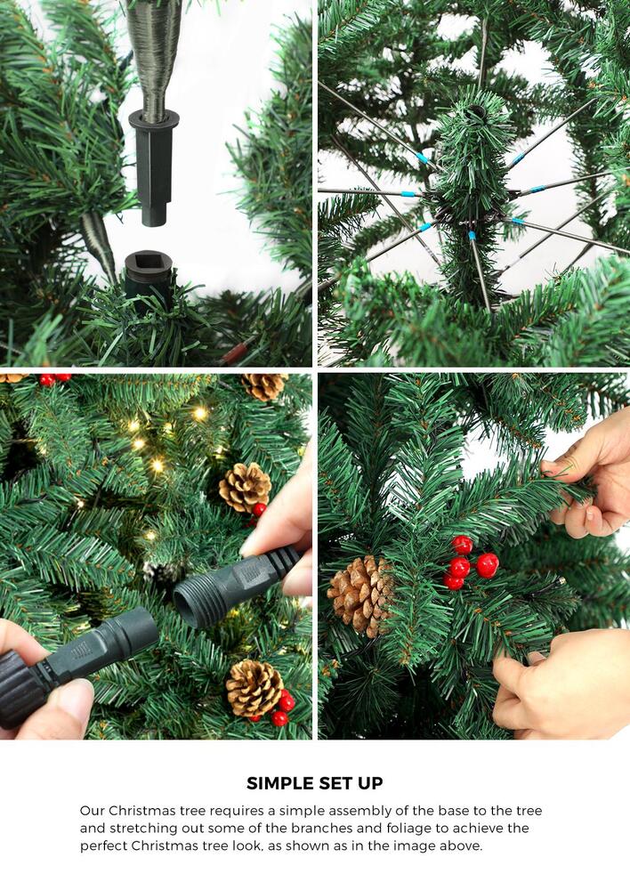 Christmas Tree 1.8M Xmas Decorations Green w/ LED Light and Pine Cones