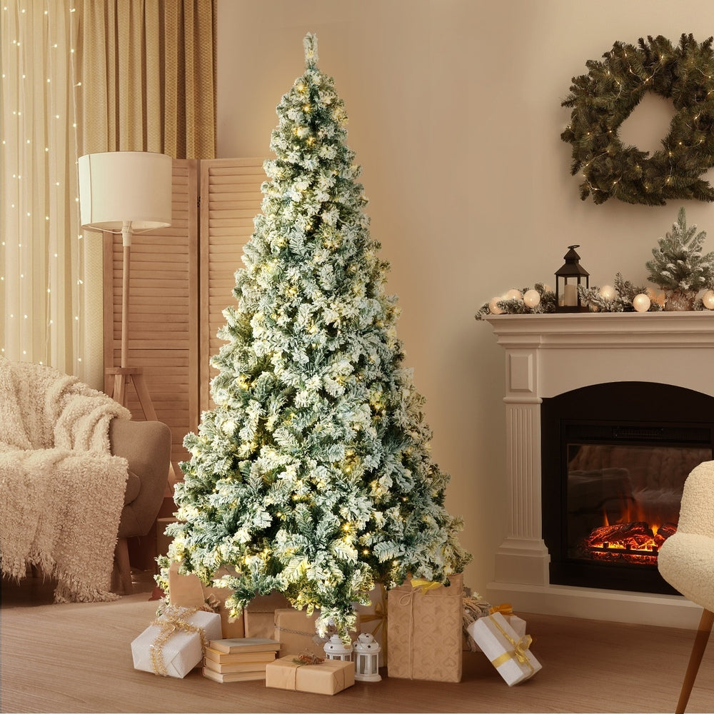 Christmas Tree Snow Flocked Xmas Decorations Green w/ LED lights