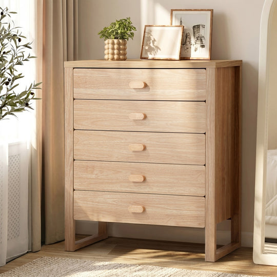 5 Drawer Tallboy Dresser Natural Wood Bedroom - Chest of Drawers