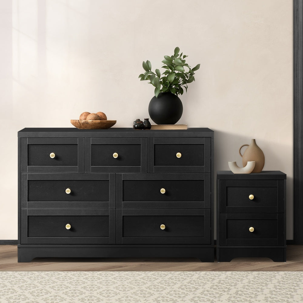 Chest of Drawers and Bedside Table Hamptons Furniture Set Black