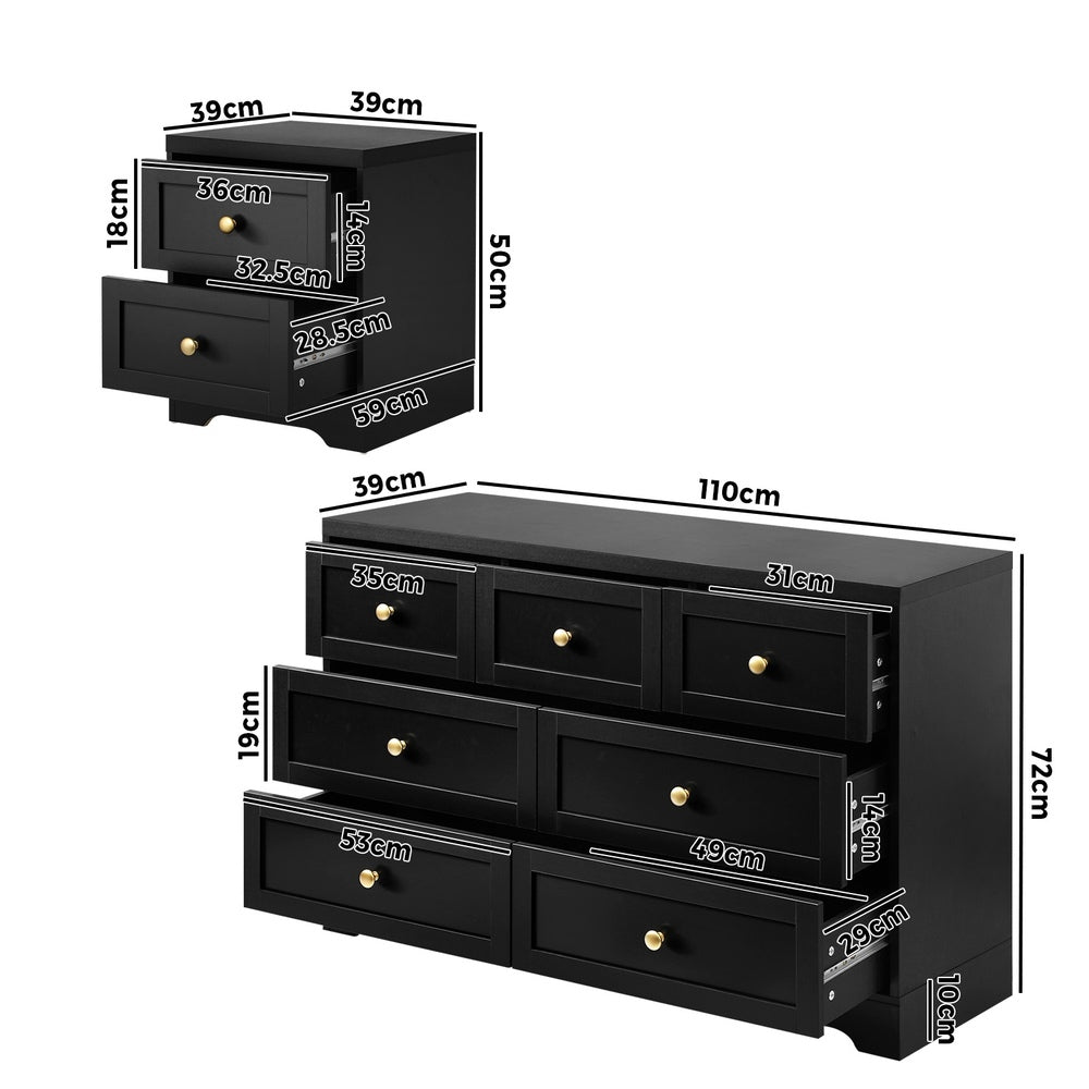 Chest of Drawers and Bedside Table Hamptons Furniture Set Black