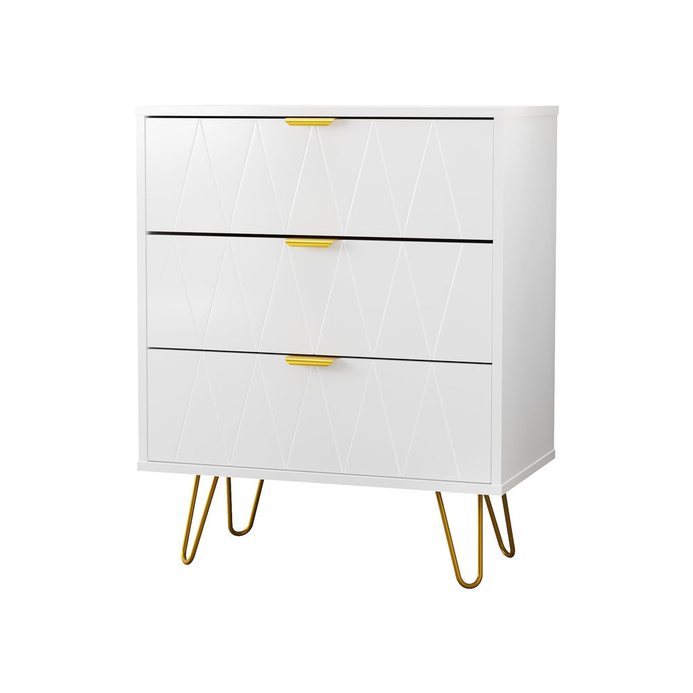 3 Chest of Drawers Dresser Storage Cabinet with Gold Handles White