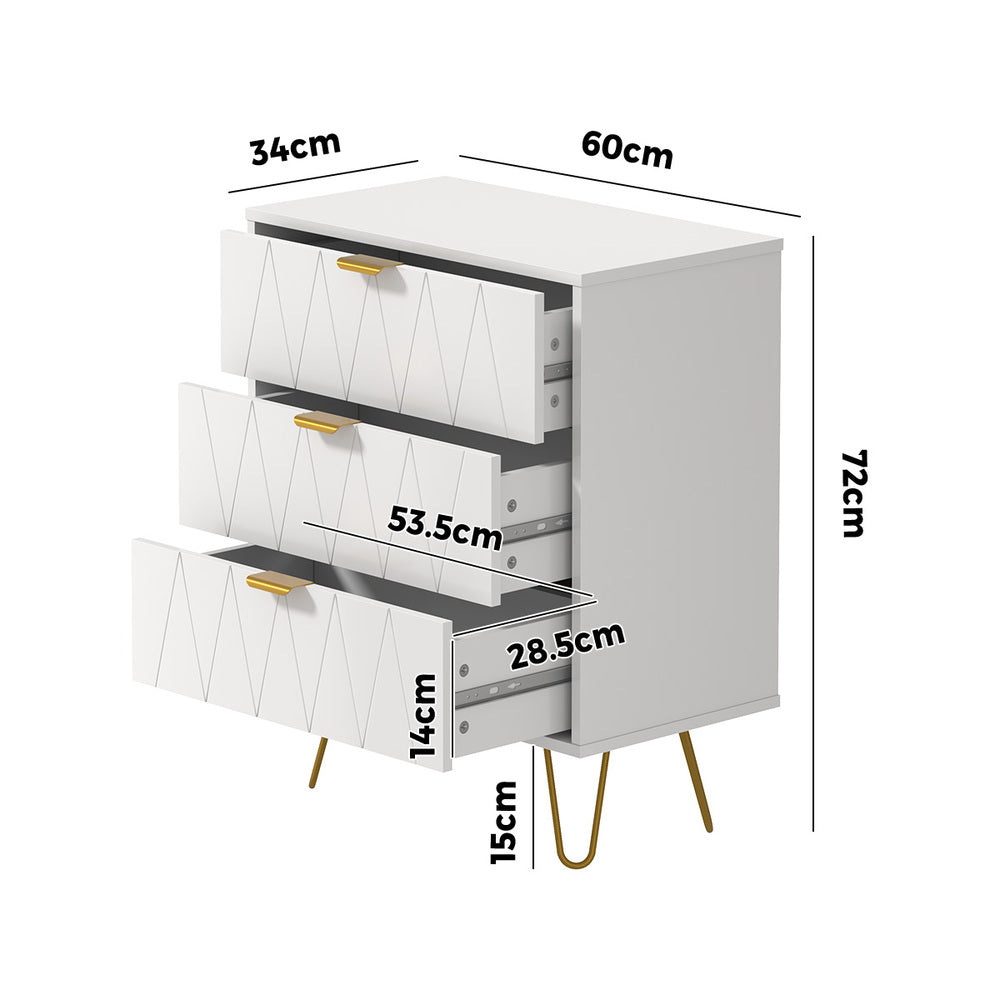 3 Chest of Drawers Dresser Storage Cabinet with Gold Handles White