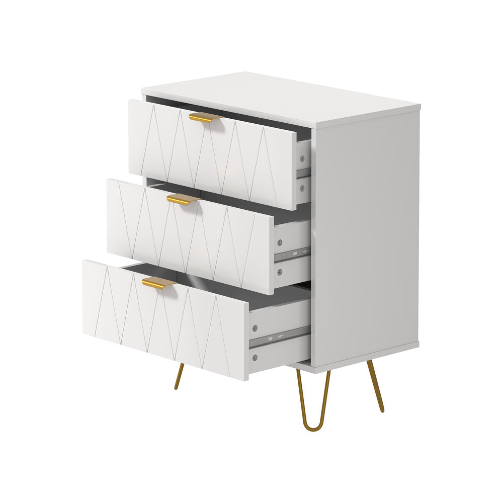 3 Chest of Drawers Dresser Storage Cabinet with Gold Handles White