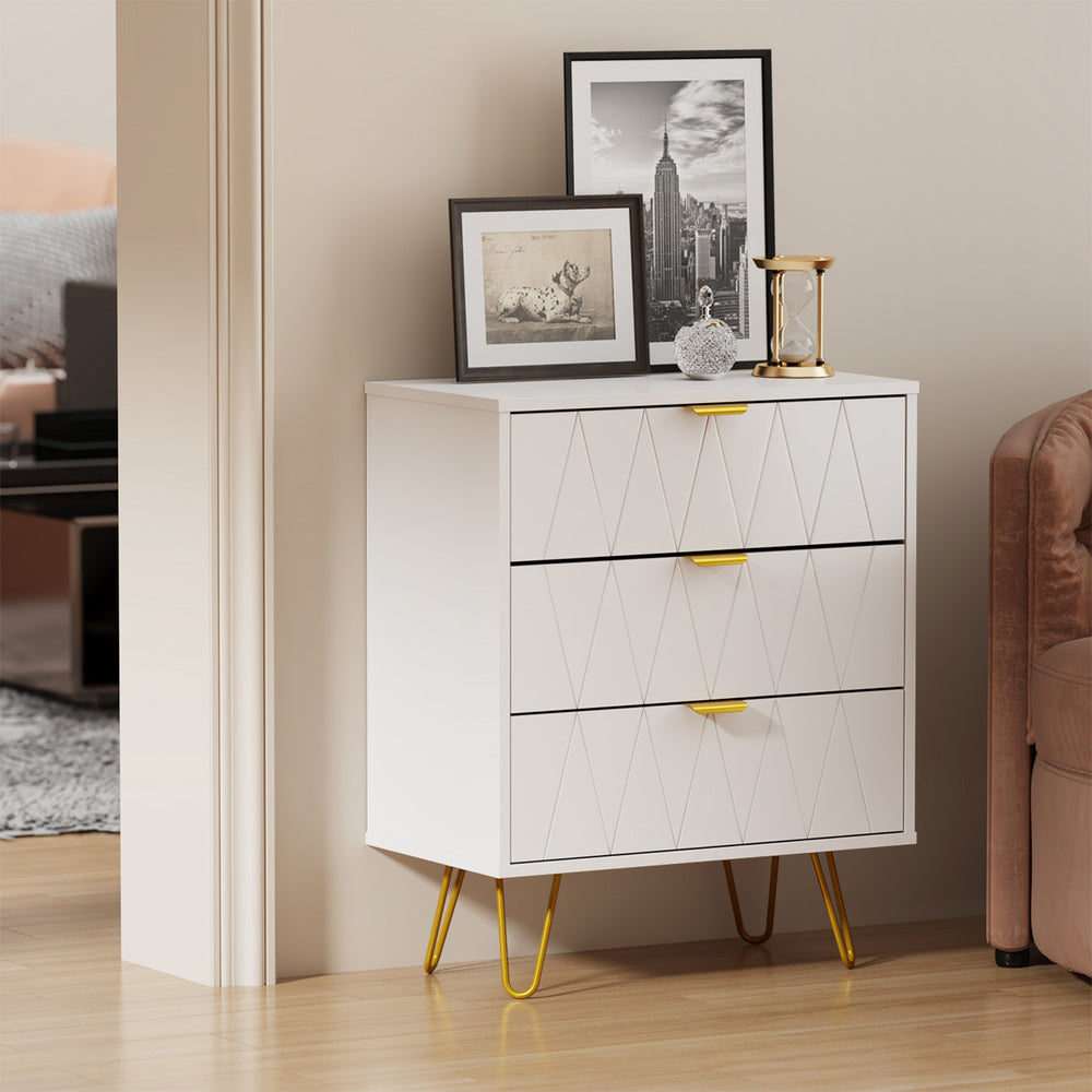 3 Chest of Drawers Dresser Storage Cabinet with Gold Handles White