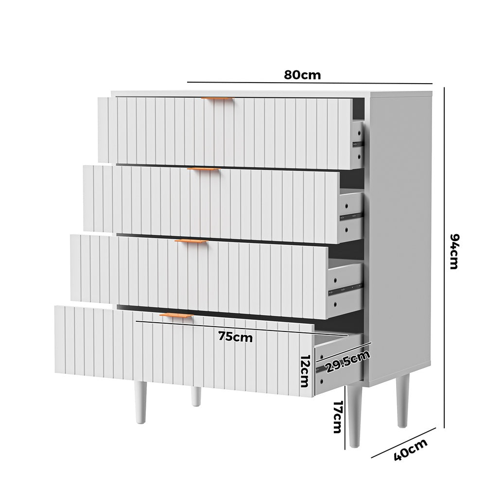 4 Chest of Drawers Tallboy White Gold