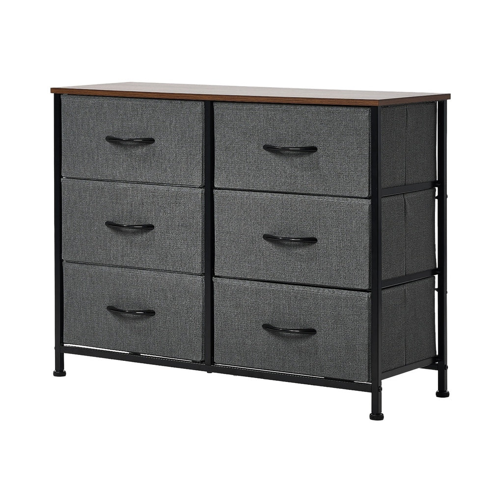 6 Chest of Drawers Fabric Grey Wooden Tabletop