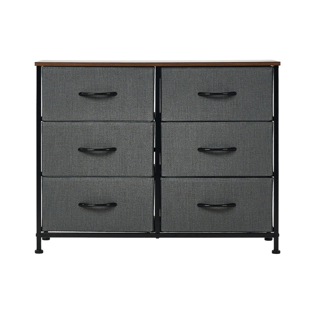6 Chest of Drawers Fabric Grey Wooden Tabletop