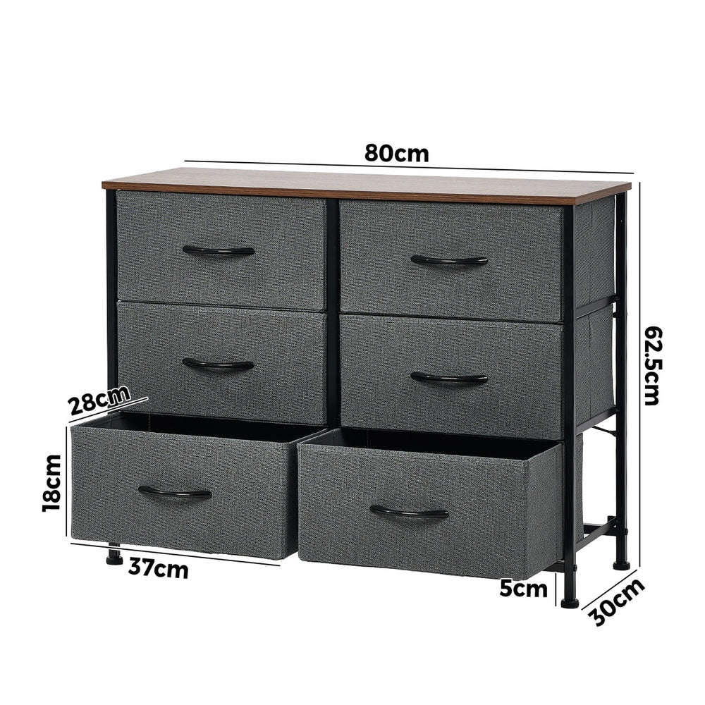 6 Chest of Drawers Fabric Grey Wooden Tabletop