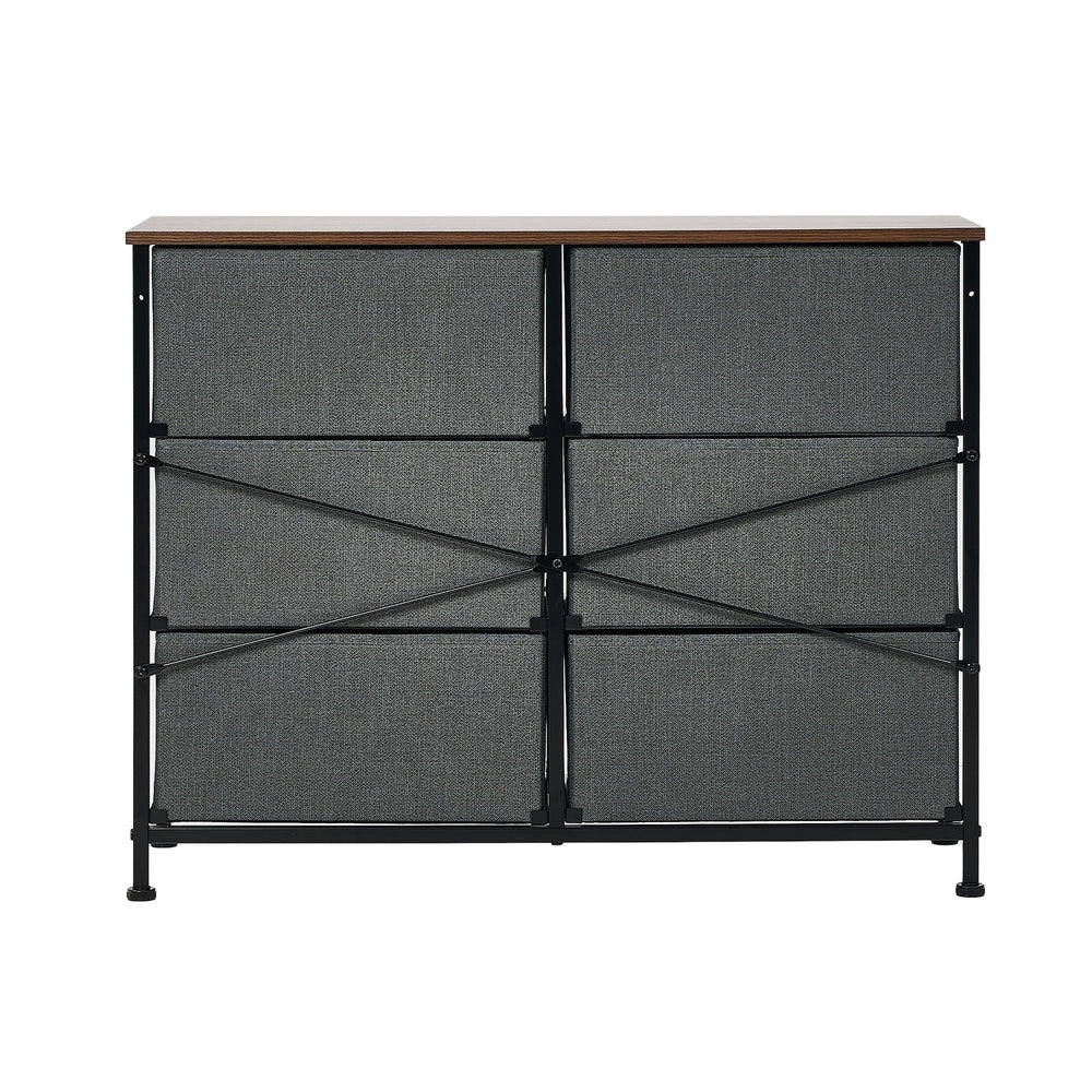 6 Chest of Drawers Fabric Grey Wooden Tabletop