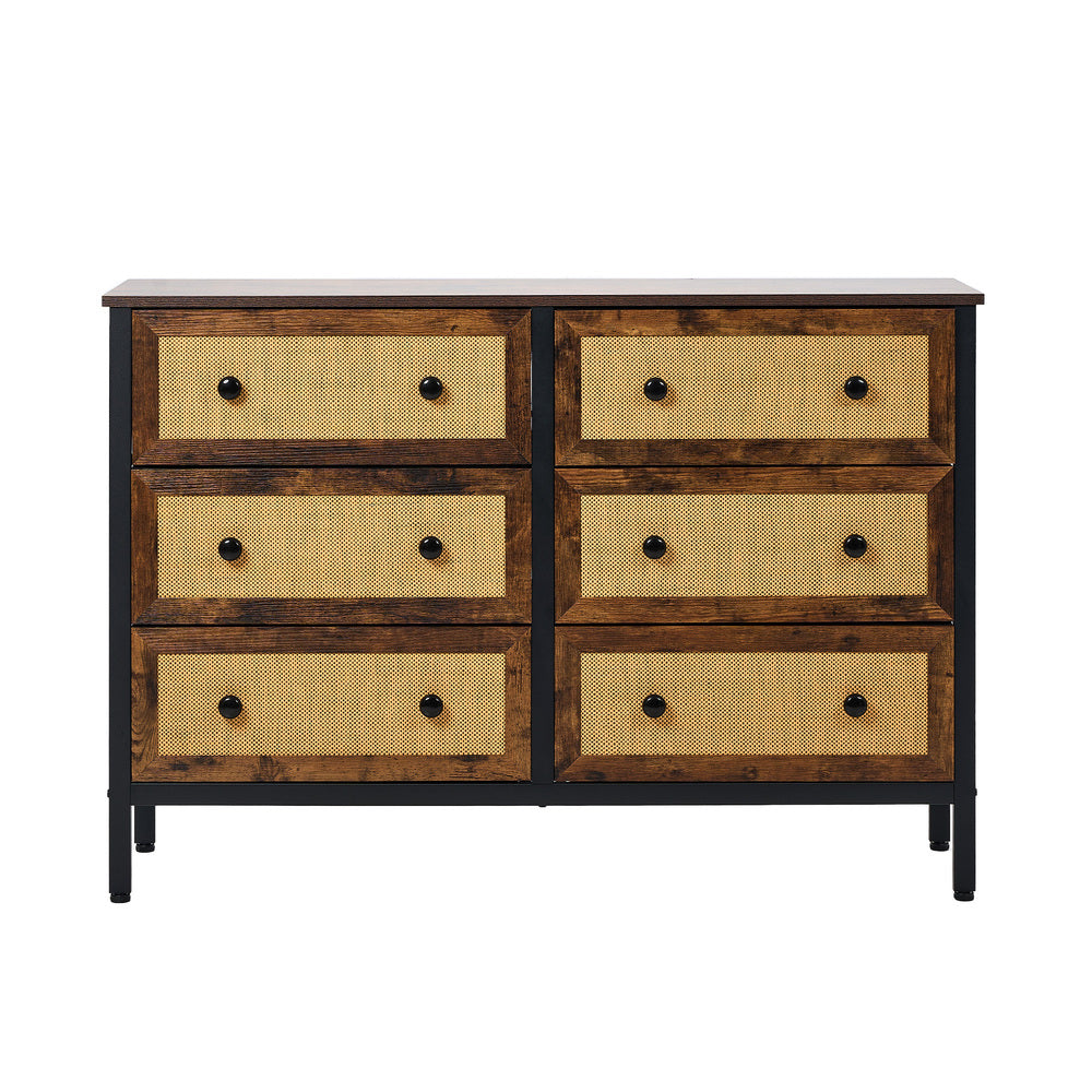 6-Drawer Chest Rattan Fabric Dresser Tallboy Retro Vintage Bedroom Storage | Rattan finish