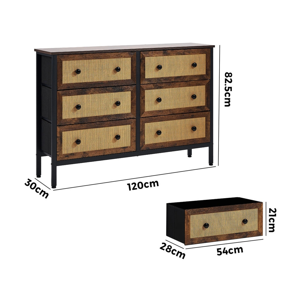 6-Drawer Chest Rattan Fabric Dresser Tallboy Retro Vintage Bedroom Storage | Chest of Drawers