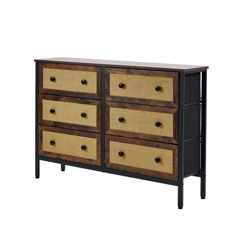 6-Drawer Chest Rattan Fabric Dresser Tallboy Retro Vintage Bedroom Storage, Rattan finish