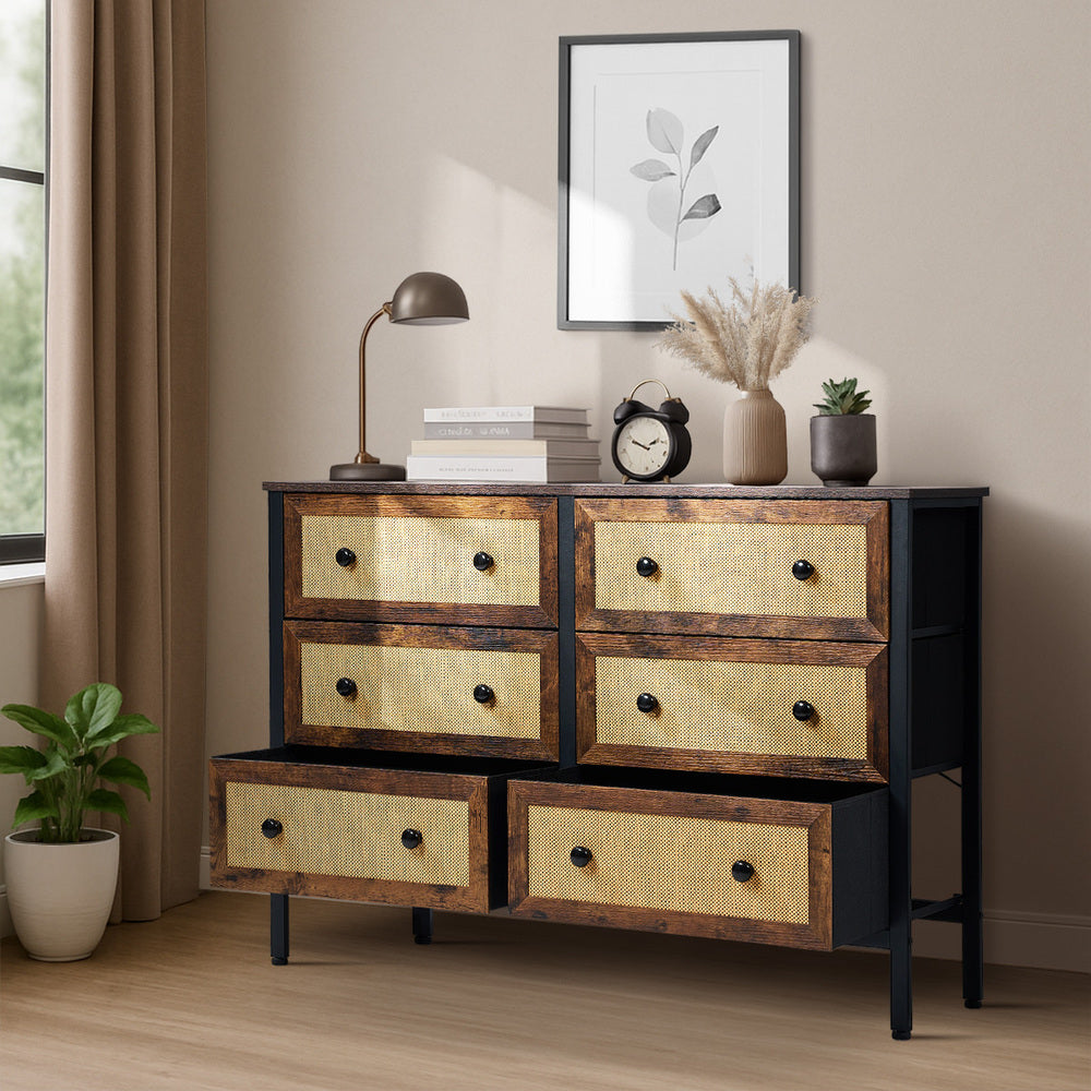 6-Drawer Chest Rattan Fabric Dresser Tallboy Retro Vintage Bedroom Storage with Rattan finish