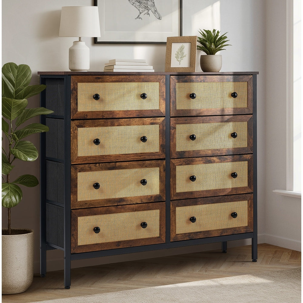 Chest of Drawers - 6-Drawer Chest Rattan Fabric Dresser Tallboy Retro Vintage Bedroom Storage - photo 11