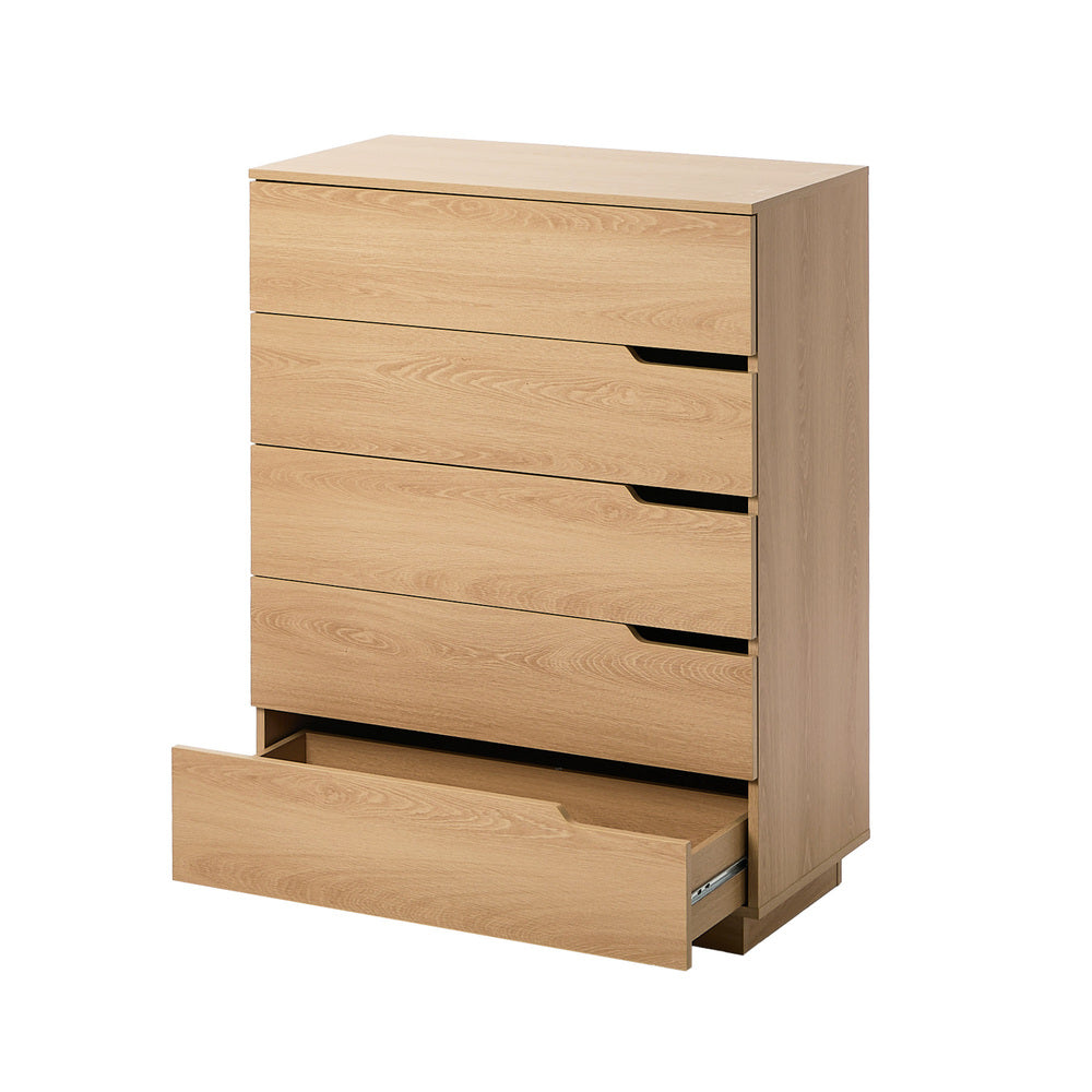 Natural Wood 5-Drawer Tallboy Chest of Drawers Bedroom Storage Cabinet