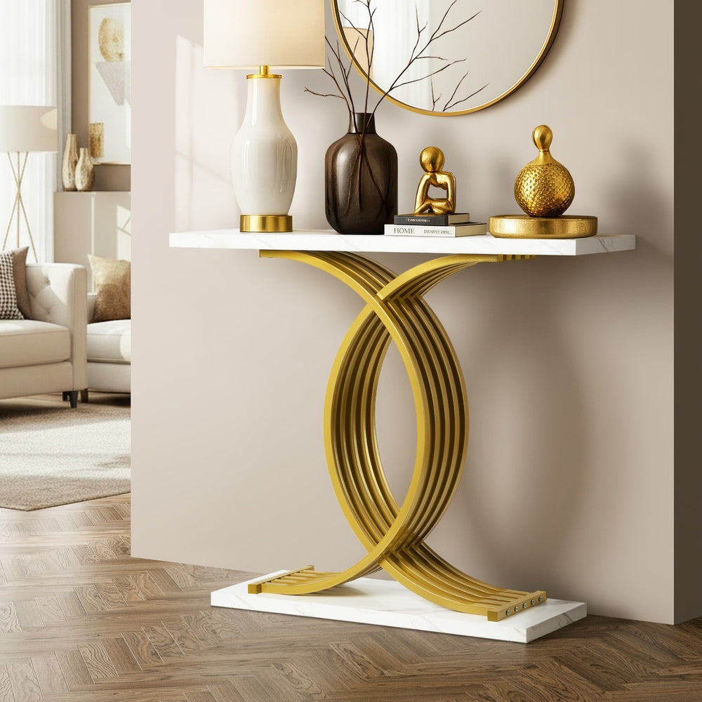 Console Table Hallway Side Desk White Gold Marble Effect
