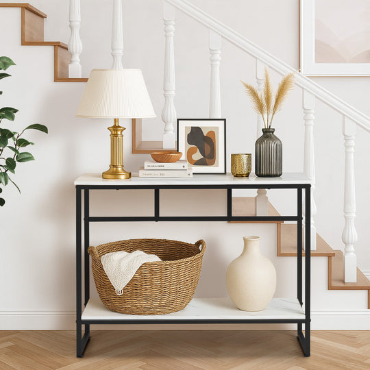 Console Table Hallway Marble Effect Metal Display Table White And Black/Gold, Console Table