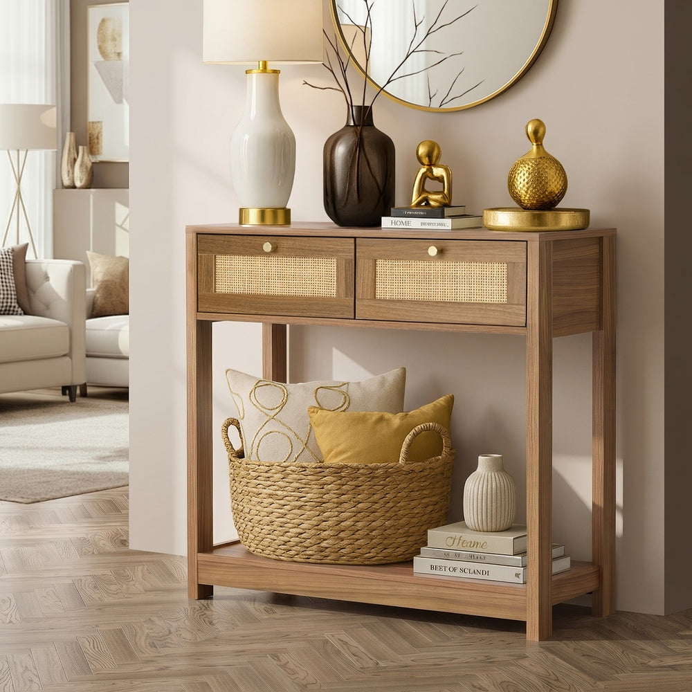Console Table Oak 2 Drawer 80x30x80cm